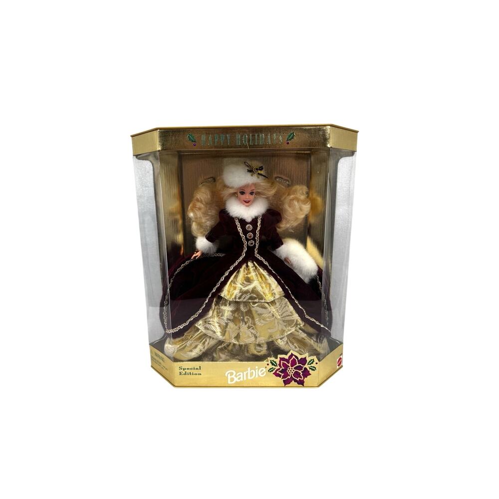 Happy Holidays Barbie Special Edition 1996 Burgundy Gold White Fur Hat Blonde